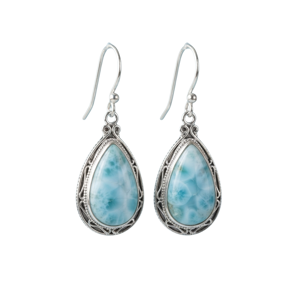 Pair of silver hoop earrings featuring teardrop-shaped larimar stones with intricate metalwork detailing