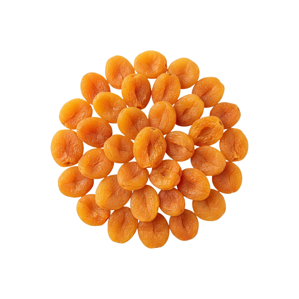 A cluster of dried apricot slices arranged in a circular pattern on a black background