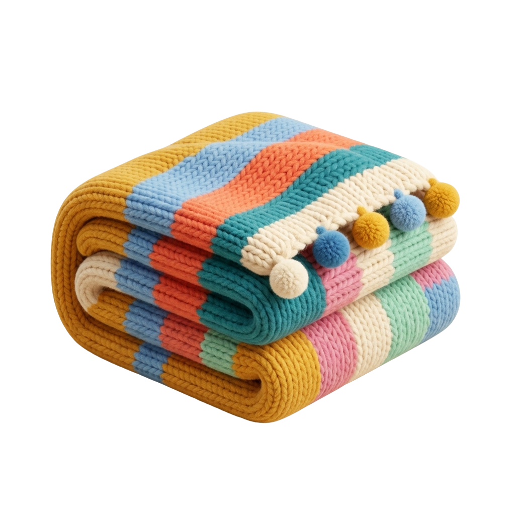 A rolled knitted blanket with multicolored stripes and pom-pom trim in vibrant hues
