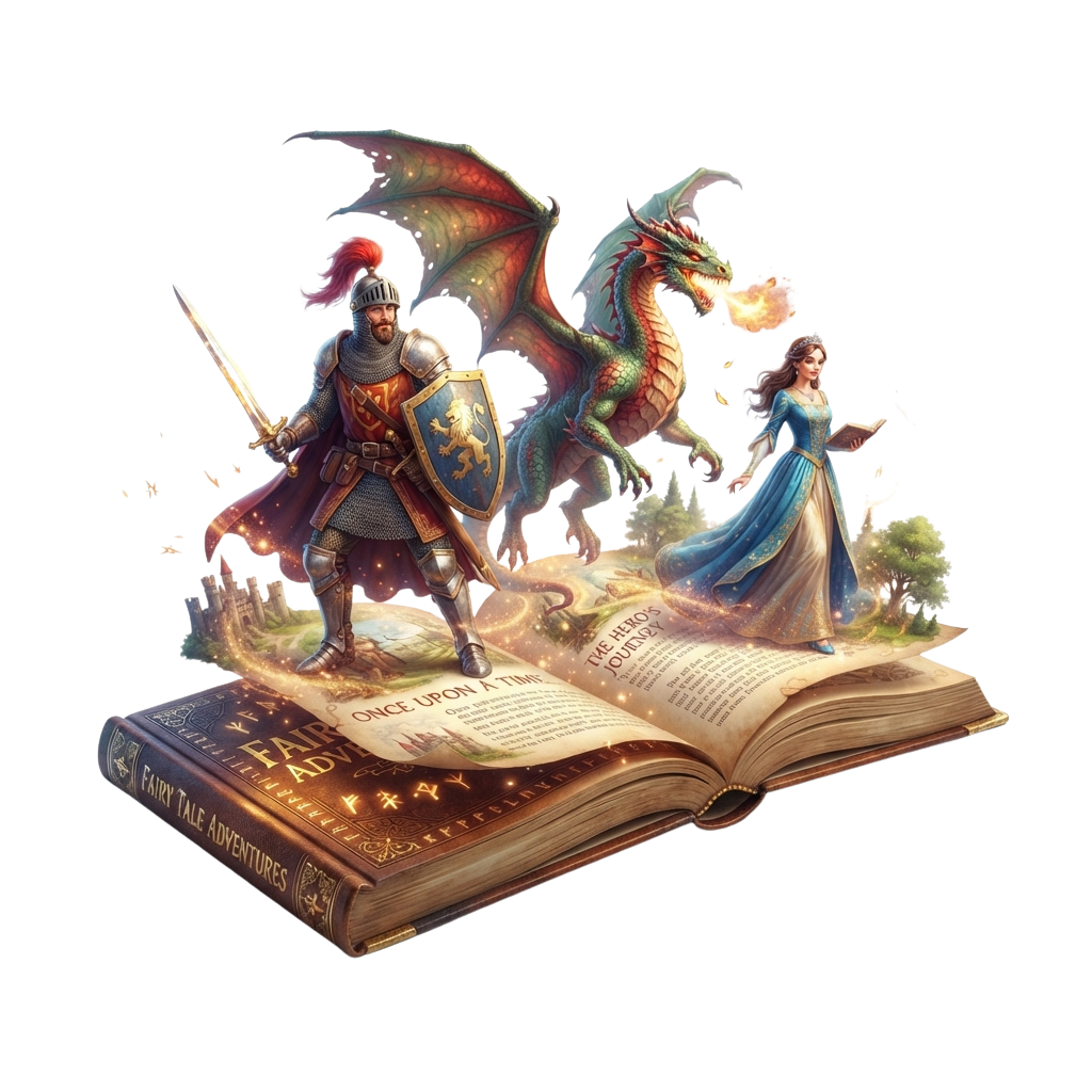 Illustration of a knight, dragon, and princess emerging from an open fantasy adventure book