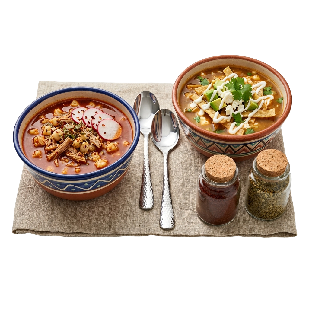 Two bowls of soup with toppings and seasoning shakers on a placemat