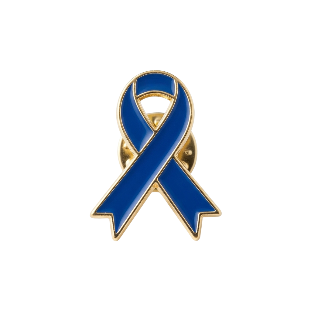 A blue awareness ribbon pin with gold edges on a black background