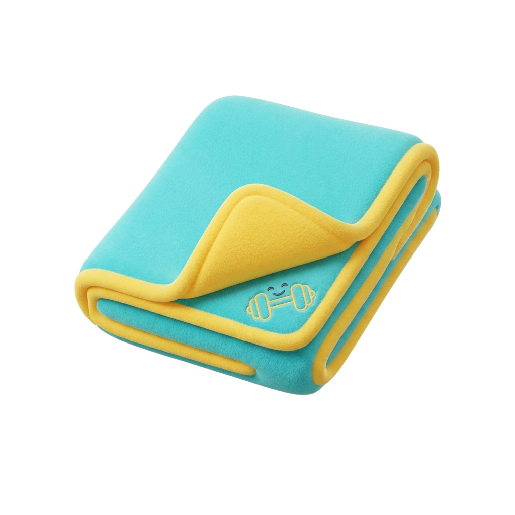 A folded baby gym mat in blue with yellow trim and a small logo near the edge