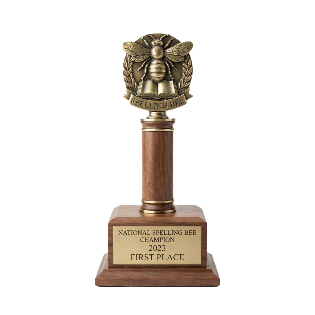 Golden trophy with a bee and book emblem for National Spelling Bee Champion 2023 first place