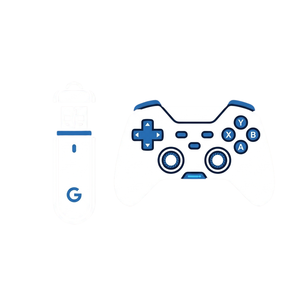 White outline drawing of a USB flash drive and a gaming controller with blue accents on black background