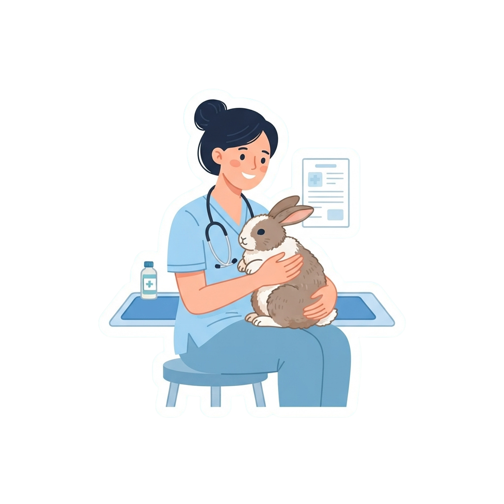 A veterinarian in scrubs holds a rabbit while reviewing documents on a tablet