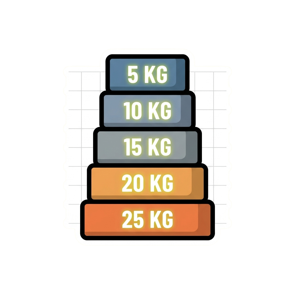 Illustration of five weight plates stacked vertically labeled 5, 10, 15, 20, and 25 kilograms