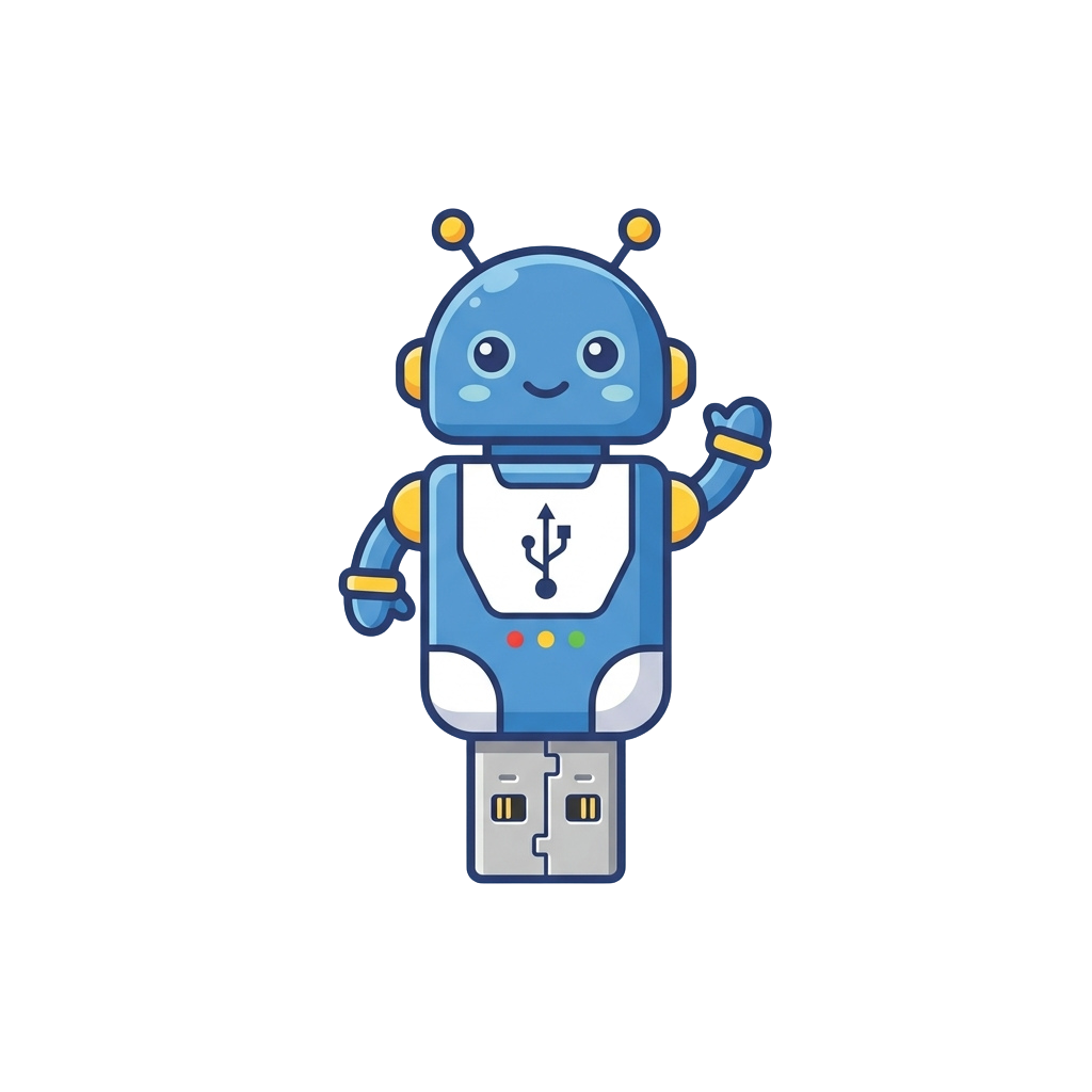 Smiling cartoon robot shaped like a USB flash drive waving with one arm