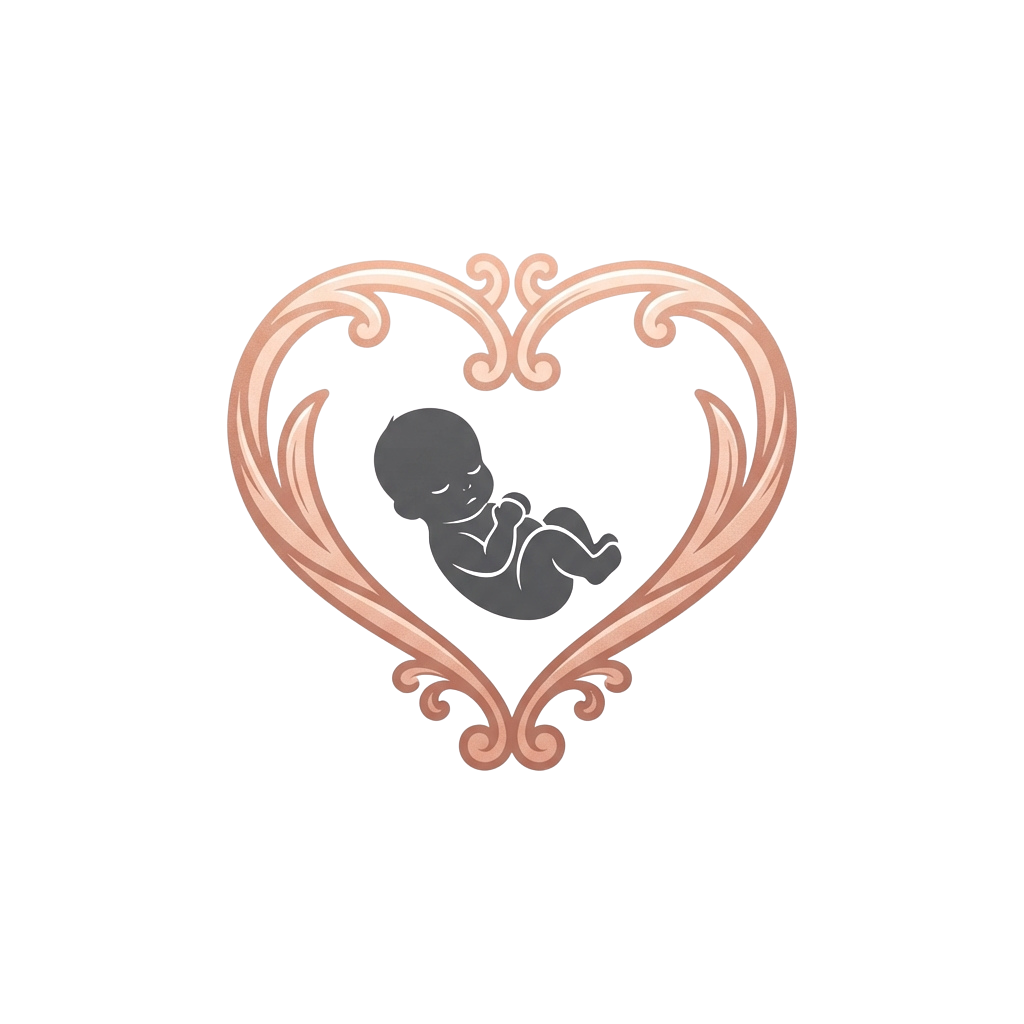 Decorative heart shape with intricate swirls containing a silhouette of a fetus curled inside