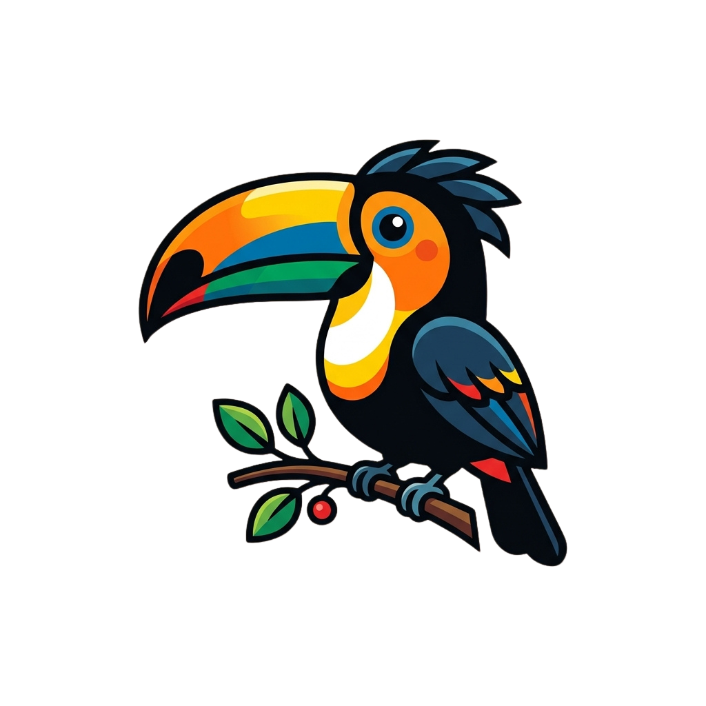 A vibrant cartoon toucan with a large colorful beak perched on a branch with green leaves and a red berry