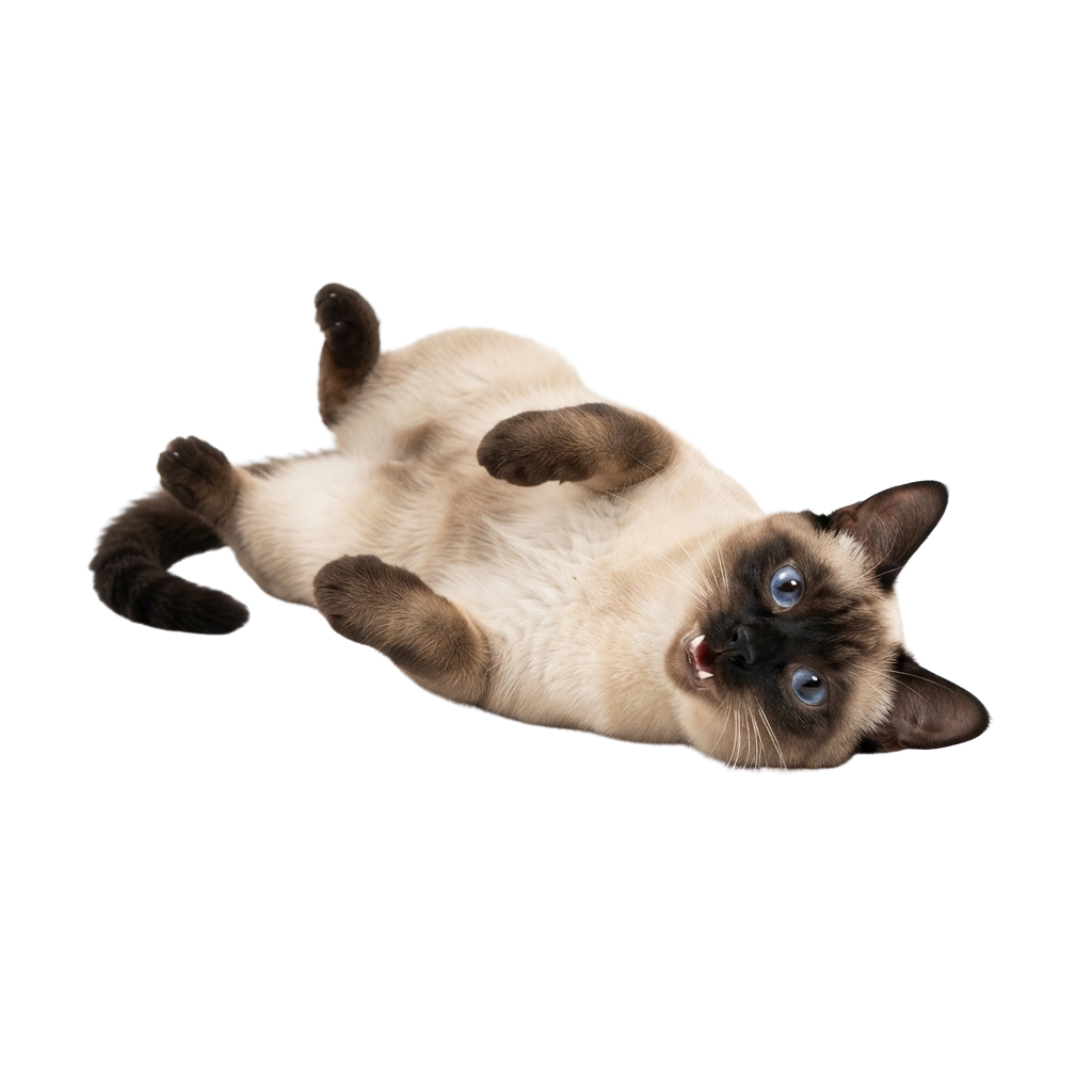 A Siamese cat lying on its back with paws in the air, smiling.