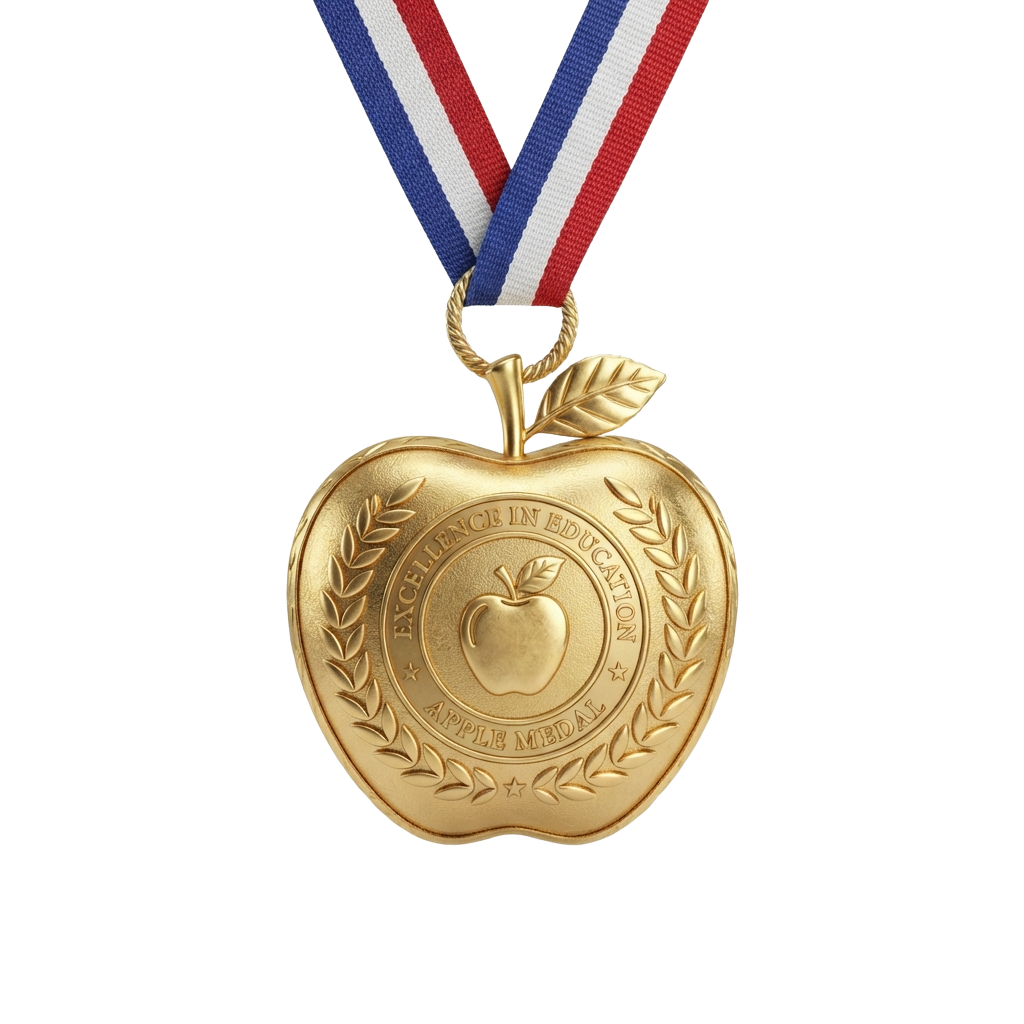 A gold-colored medal shaped like an apple with laurel leaves and ribbon featuring red, white, and blue stripes