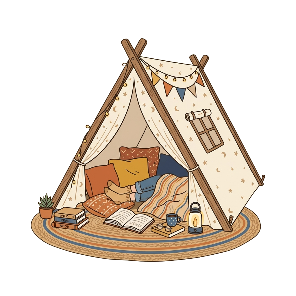 A cozy indoor teepee tent with books, a cup of tea, and a lantern creating a warm reading space