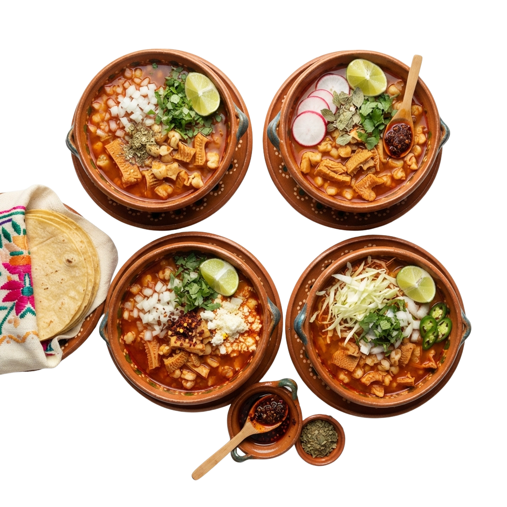 Four clay bowls of pozole soup topped with lime, lettuce, cheese, radish, and garnishes, with tortillas nearby