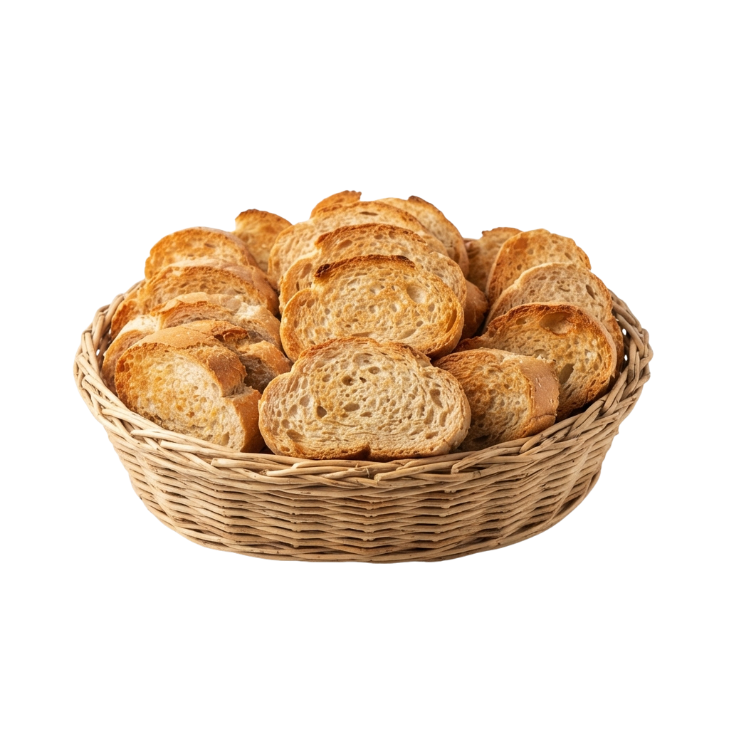 A wicker basket filled with several round loaves of freshly baked bread