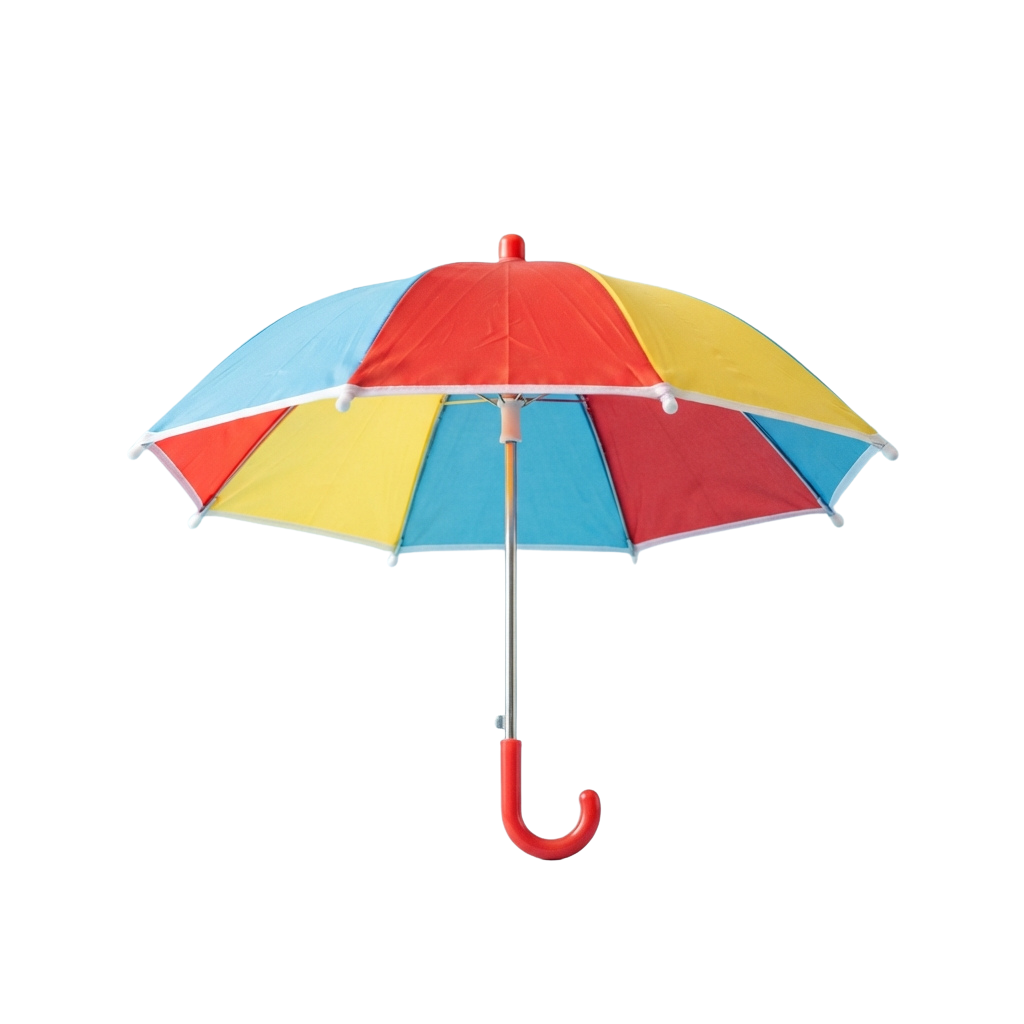 Bright umbrella with red, yellow, and blue panels open against a black background
