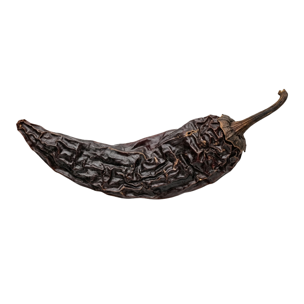 A single dried dark chili pepper with a wrinkled texture and pointed stem.