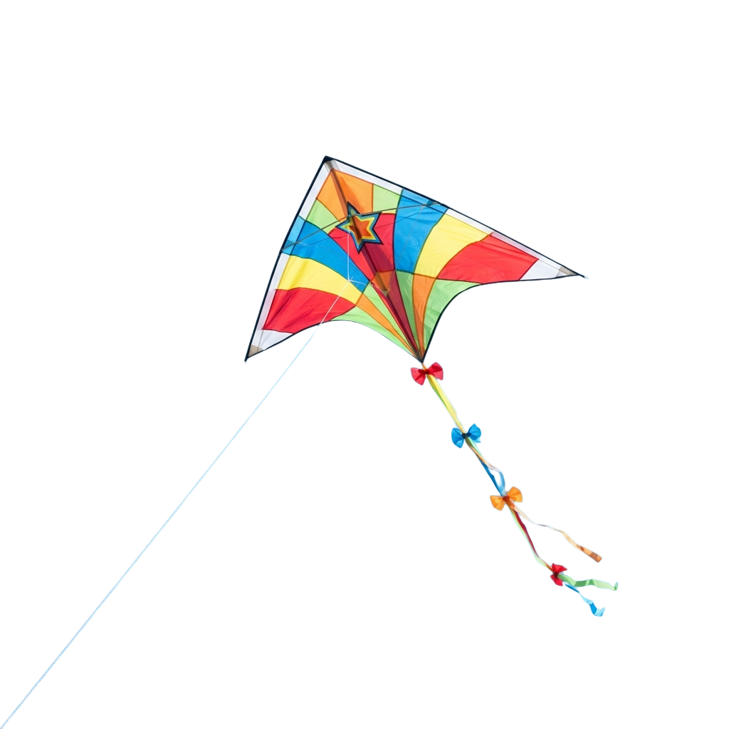 Bright diamond-shaped kite with colorful panels and a star design flying at night