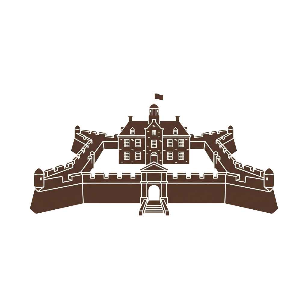 Illustration of a fortified castle with central manor house and defensive walls