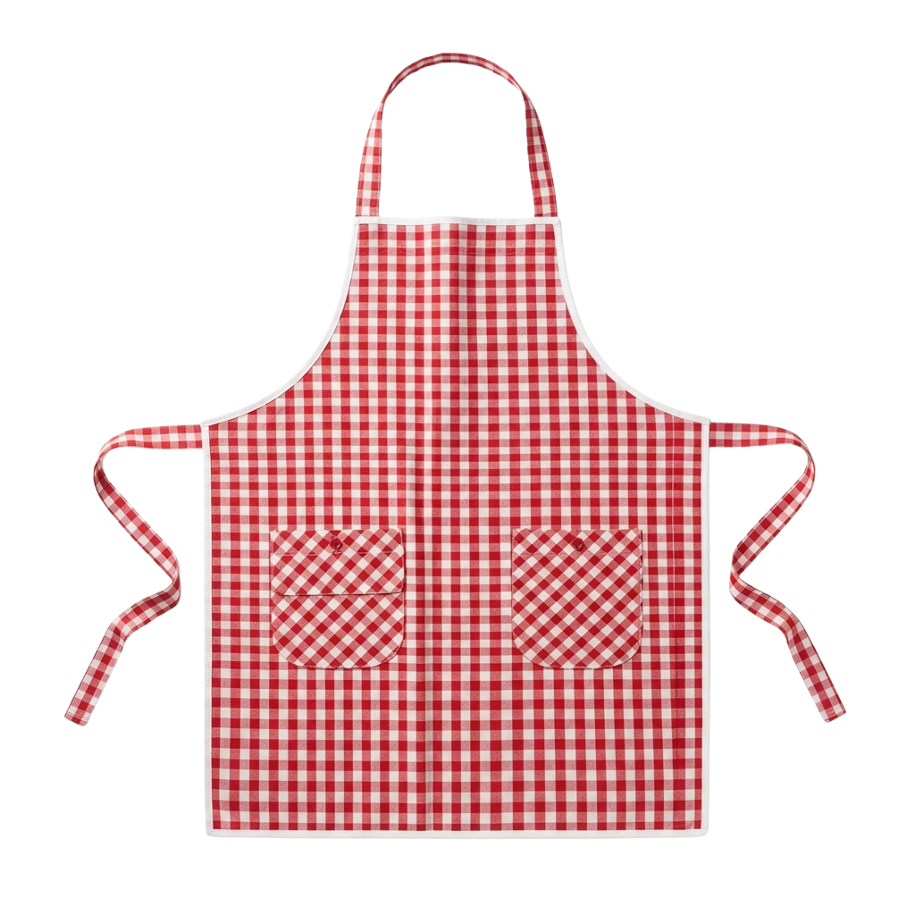 Red and white checkered apron with two pockets and adjustable straps