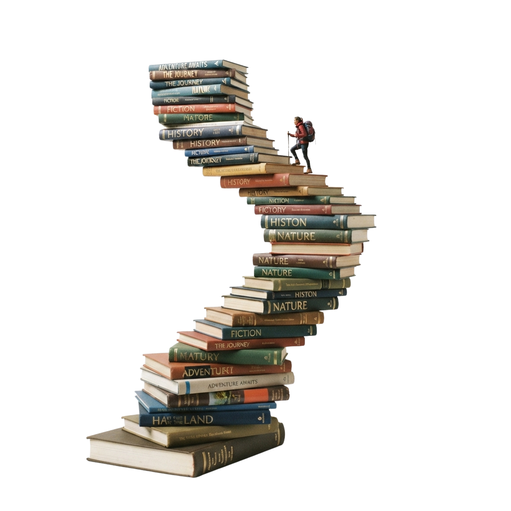 A person hiking up a staircase made entirely of stacked books with various genres visible.