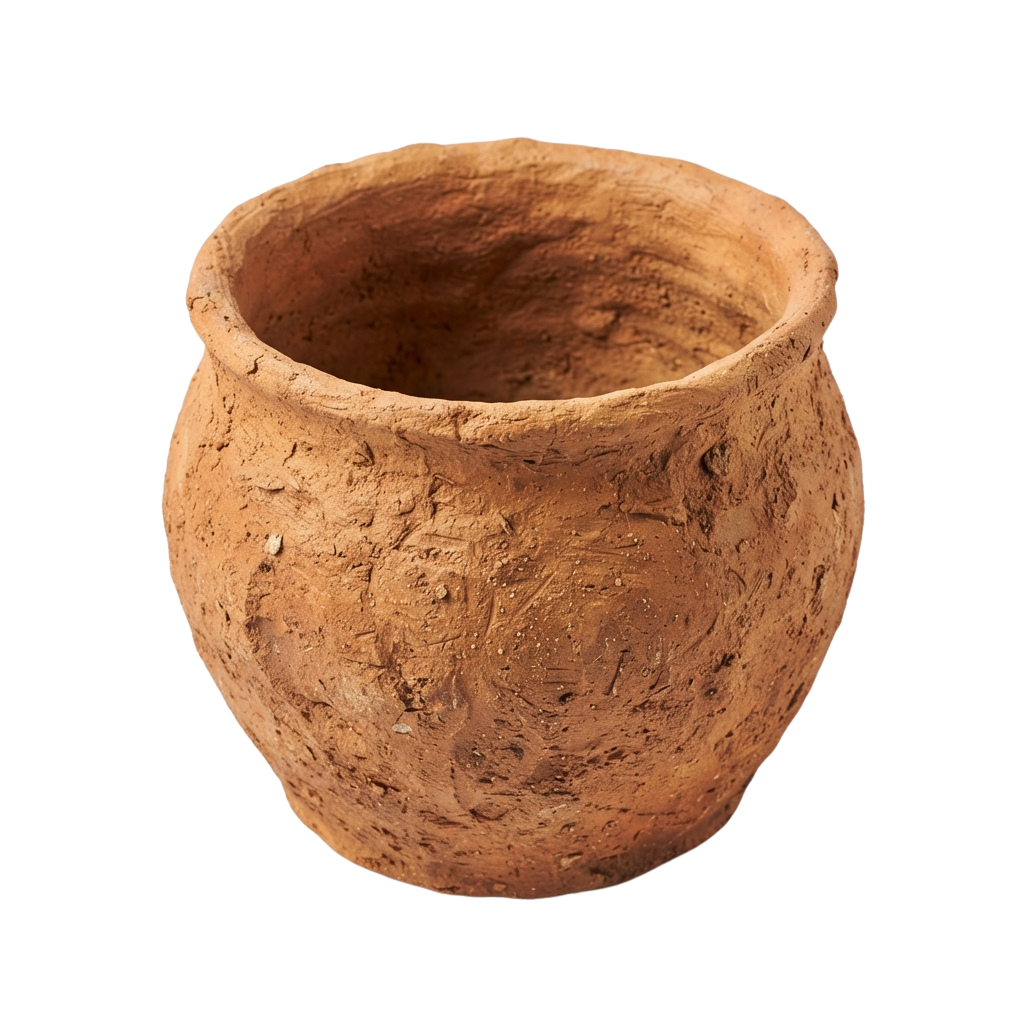 An old terracotta jar with a rough, uneven surface and a wide opening.