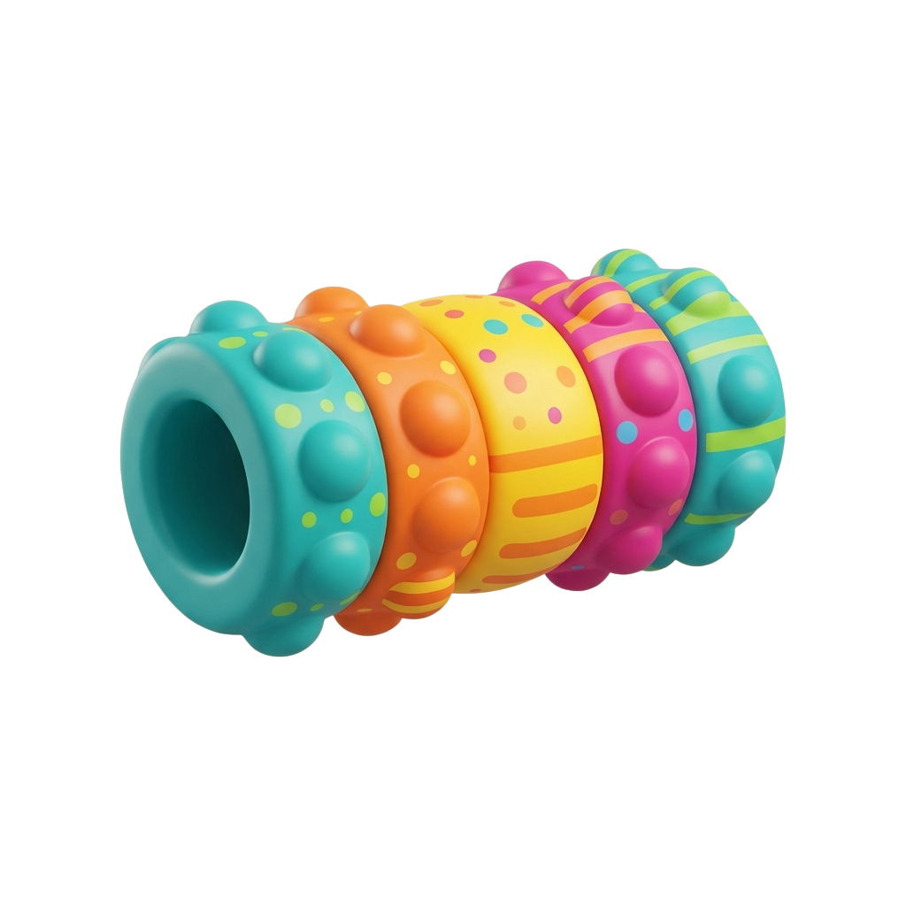 A stack of five colorful, textured fidget rings in cyan, orange, yellow, pink, and light blue with bumps and dots