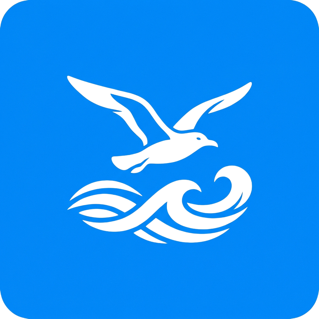 A black silhouette of a bird flying above stylized waves on a blue background