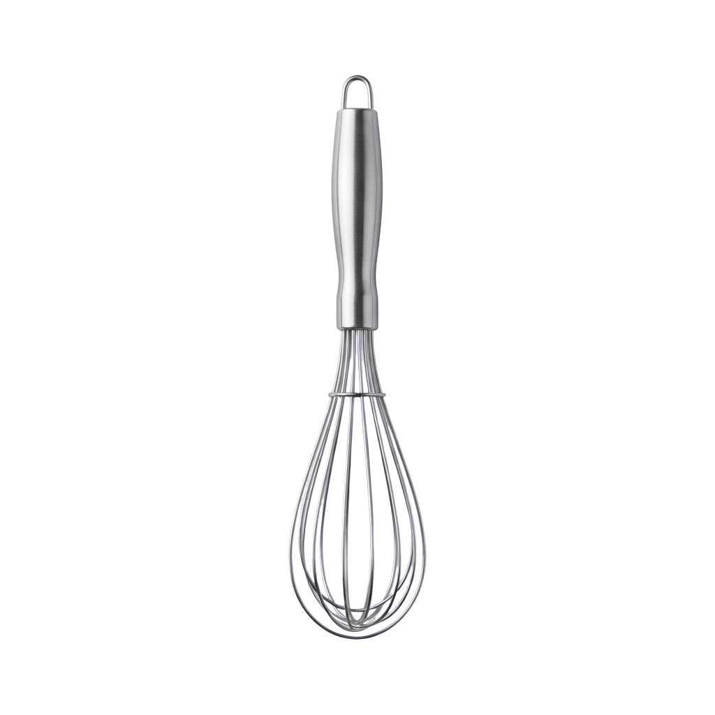 A stainless steel balloon whisk with a looped handle and fine wire loops for whipping and mixing