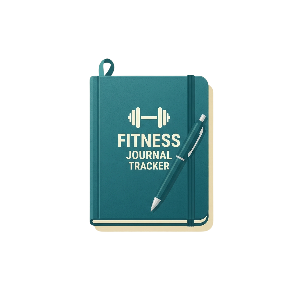 Ateal notebook labeled Fitness Journal Tracker with a dumbbell icon and a pen resting on it