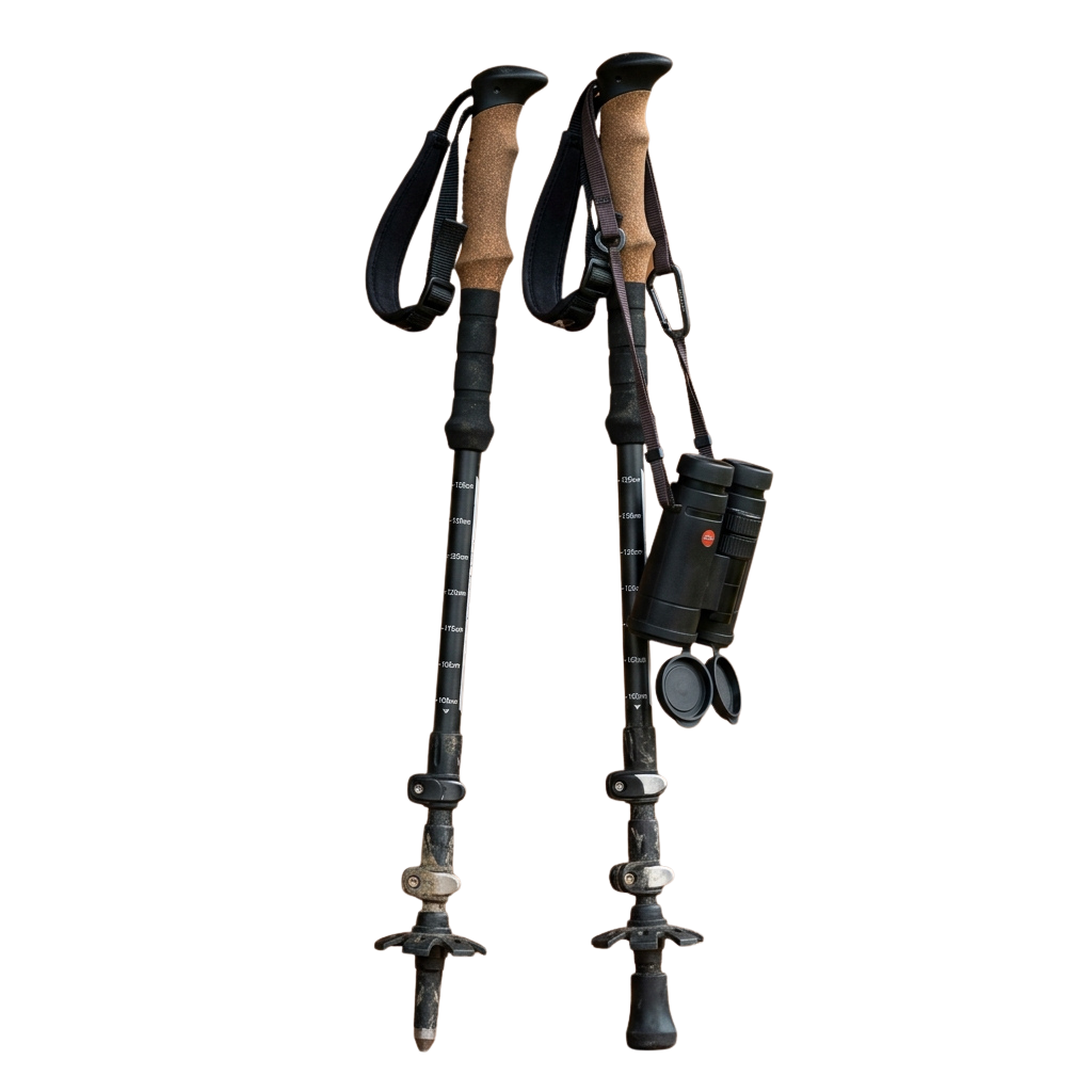 Two black trekking poles with padded handles, a headlamp, and carabiner attachments.