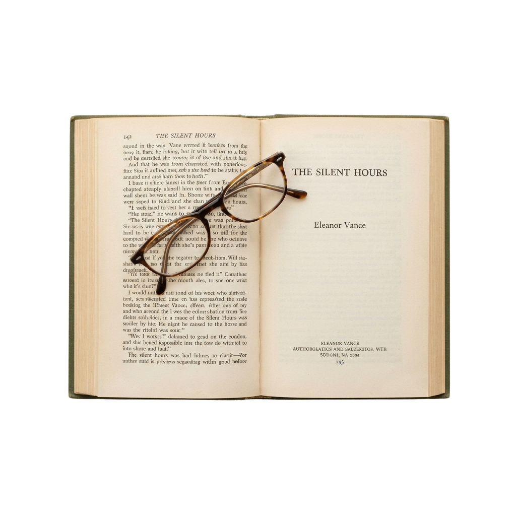 An open book titled The Silent Hours by Eleanor Vance with a pair of glasses resting on the pages.