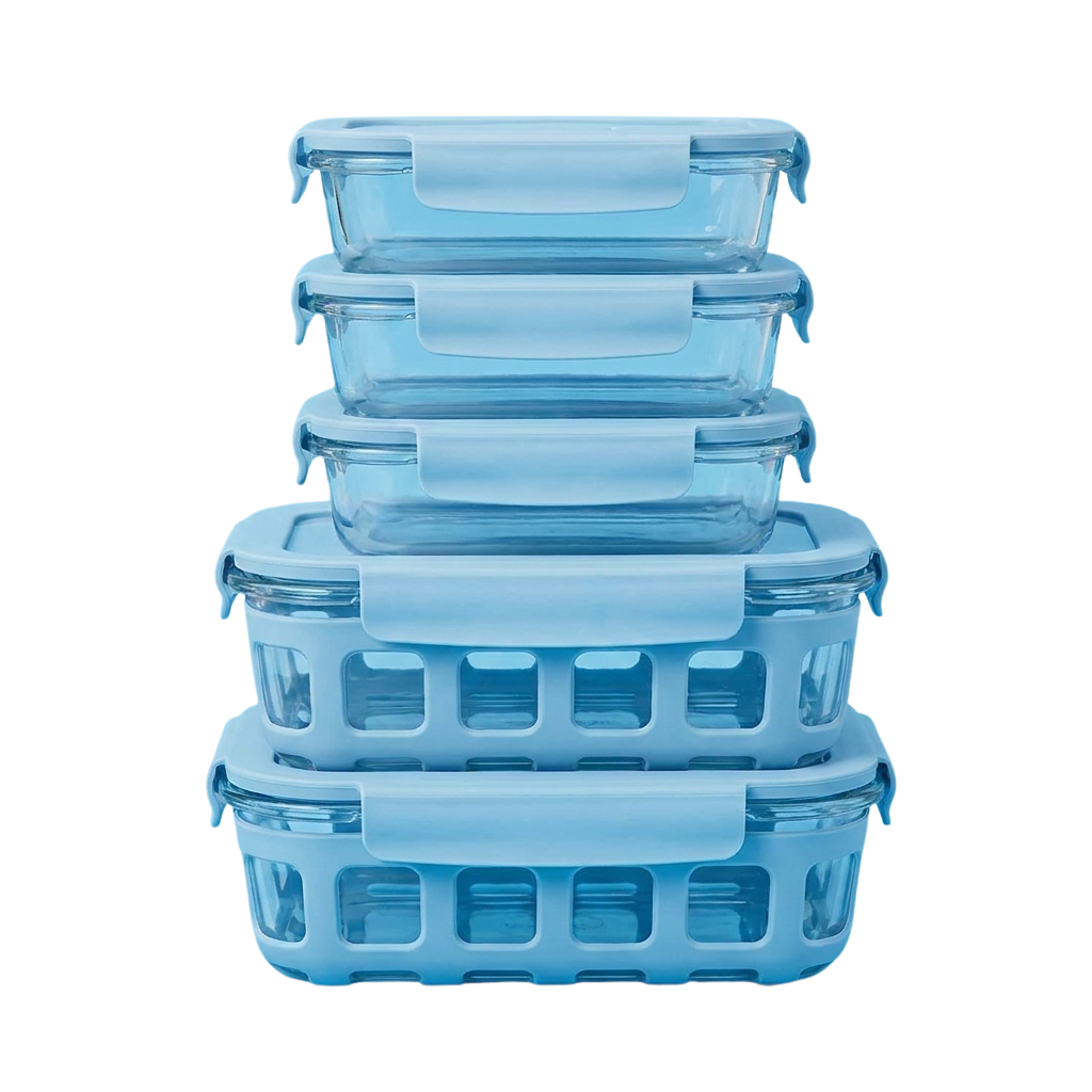Five stackable blue plastic food storage containers with matching lids, varying in size from small to large