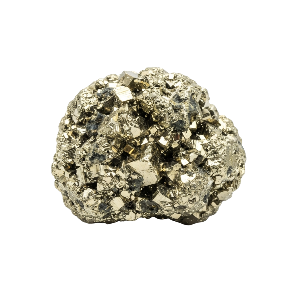 A rough, metallic pyrite crystal cluster with sharp edges and reflective surfaces