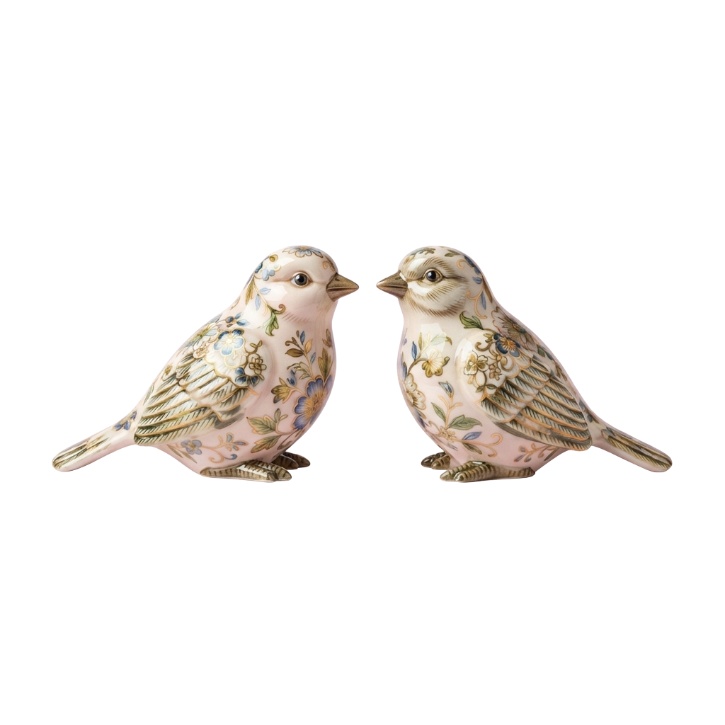 Two pastel ceramic bird figurines with floral patterns facing each other