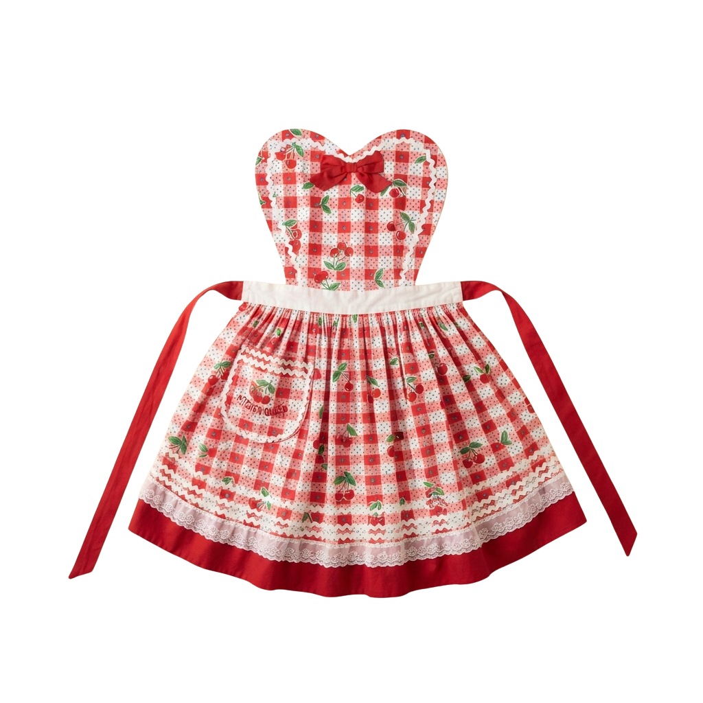 A child-sized heart-shaped apron dress with red and white checkered fabric and green strawberry patterns