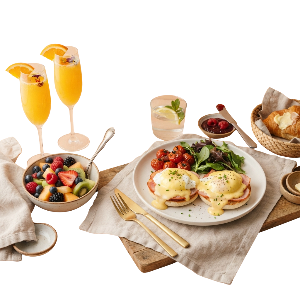 A beautifully arranged breakfast platter with eggs benedict, salad, fruit, drinks, and pastries on a wooden table