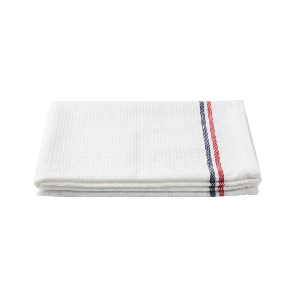 Stack of white towels with red and blue striped borders folded neatly