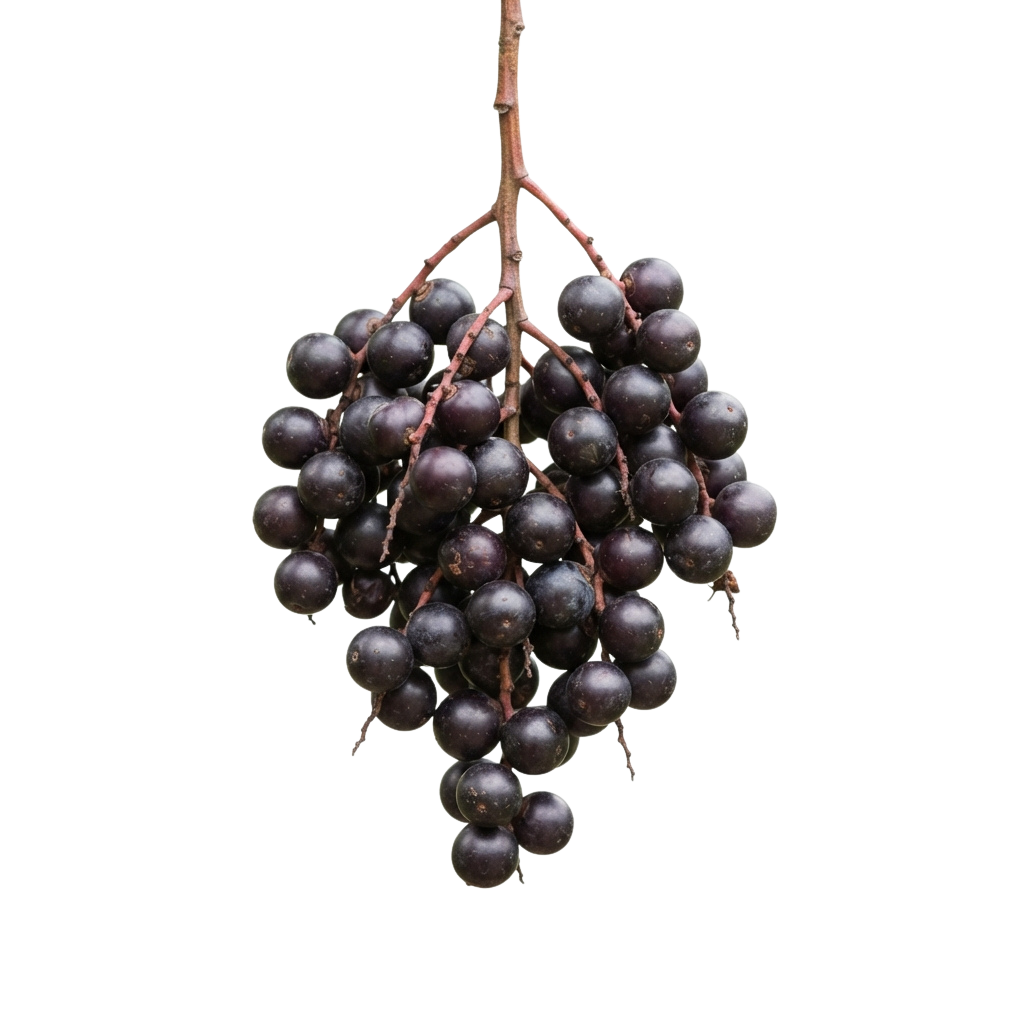 A cluster of dark purple-black elderberries hanging from a vine against a black background