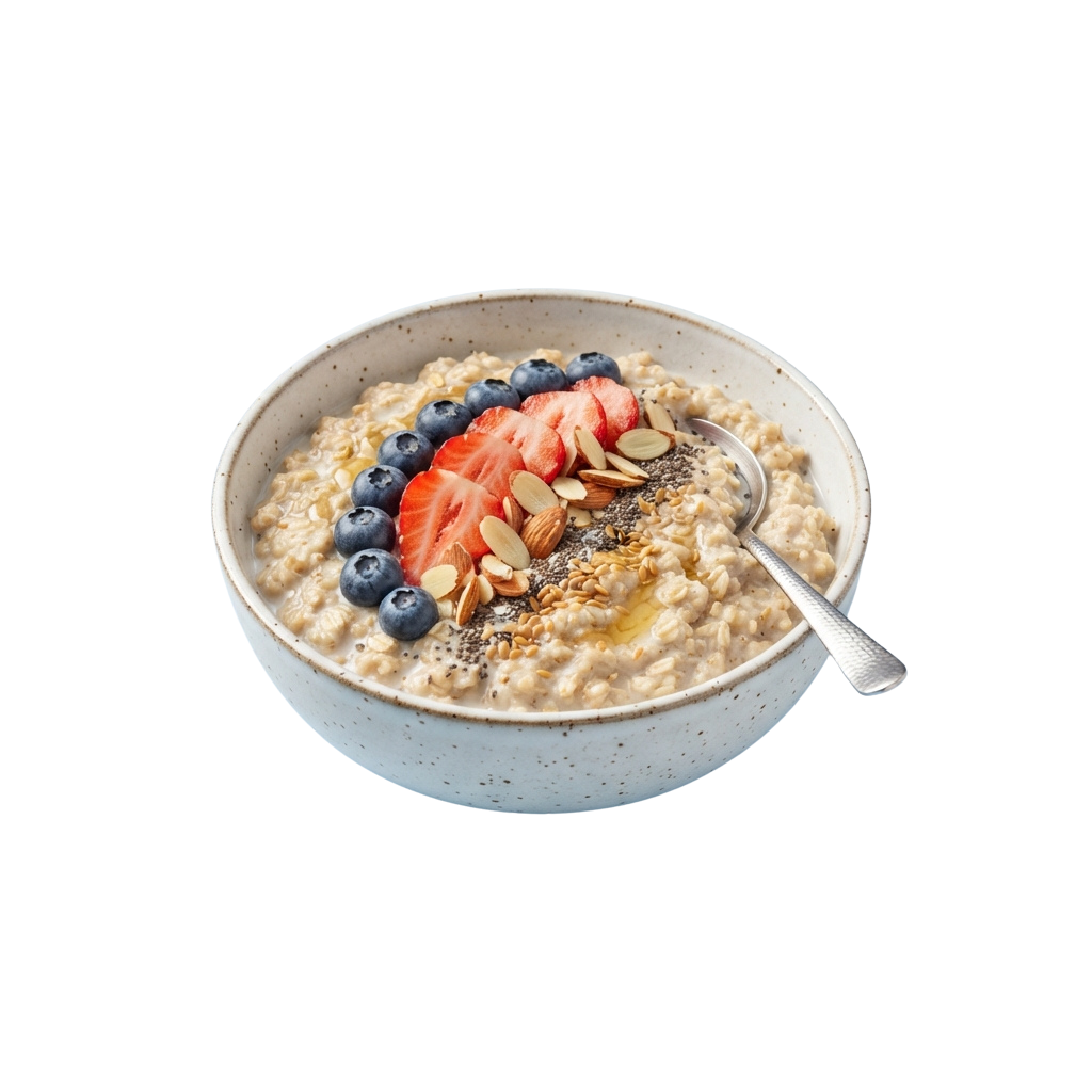 Bowl of creamy oatmeal topped with sliced strawberries, blueberries, blackberries, banana, and chopped nuts on a speckled ceramic dish