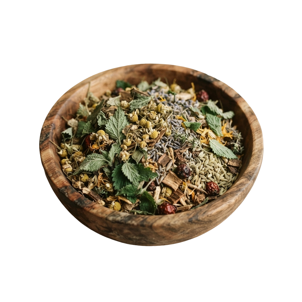 Wooden bowl filled with a mix of dried herbs, flowers, and leaves