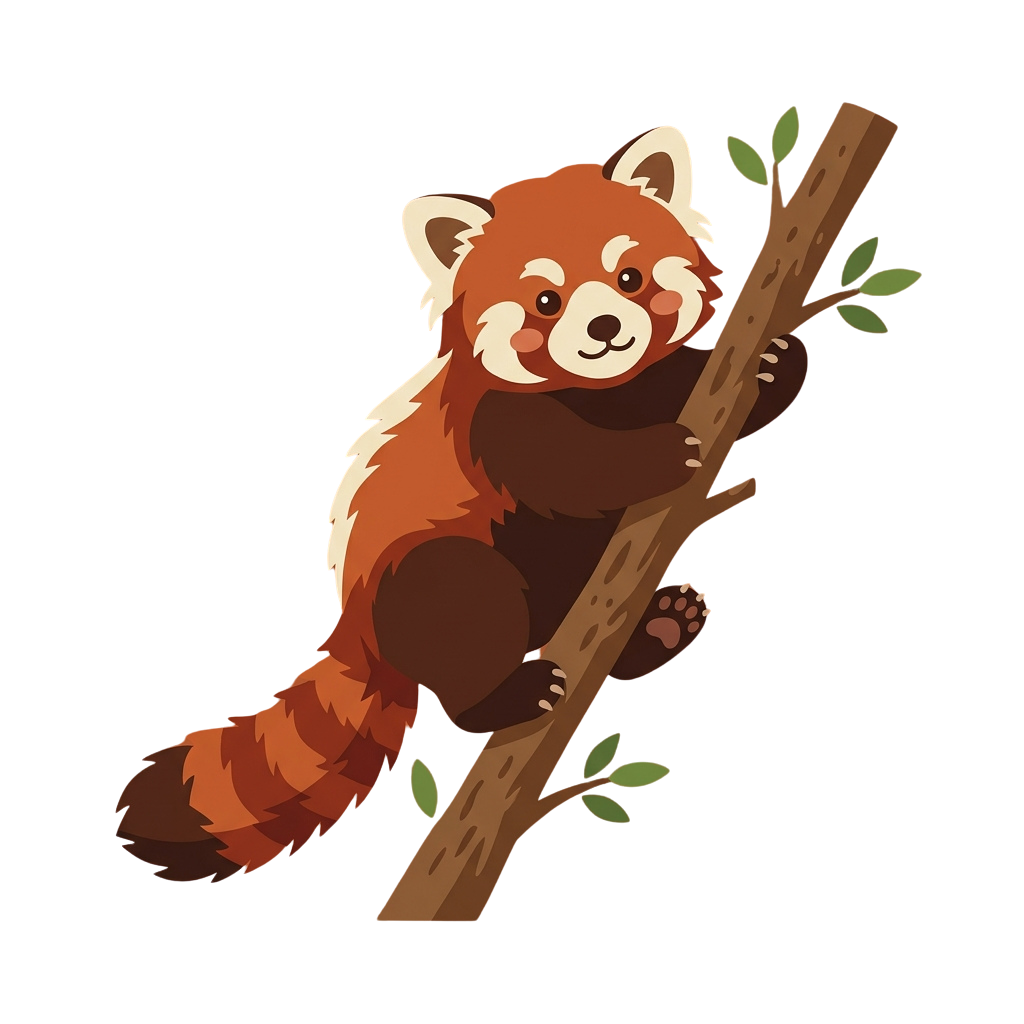 A red panda sitting on a tree branch with green leaves
