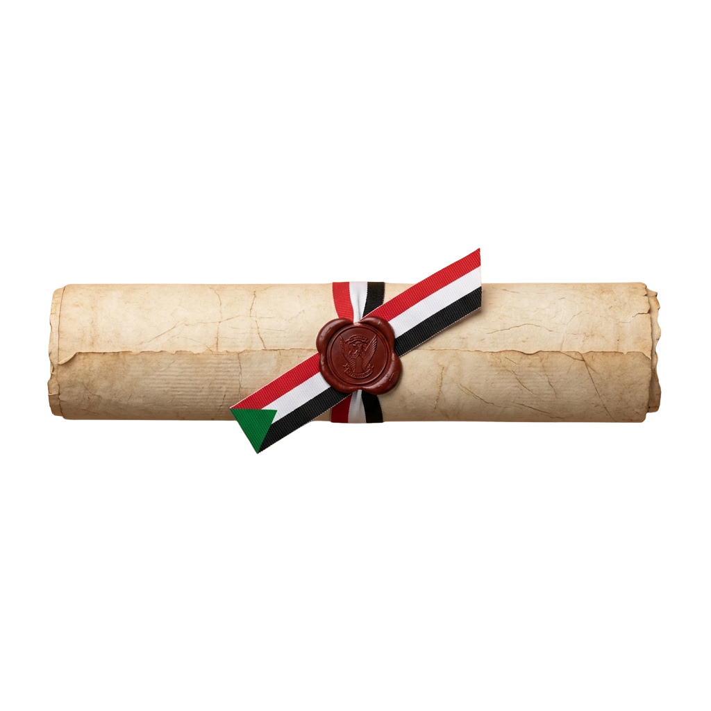 A rolled diploma with a Sudanese flag ribbon and a red wax seal on a black background