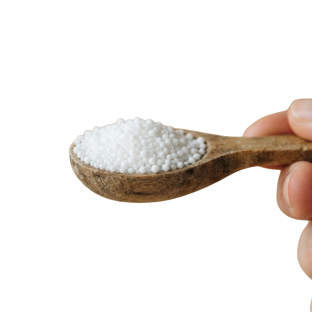 A wooden spoon holding small white granular crystals against a black background