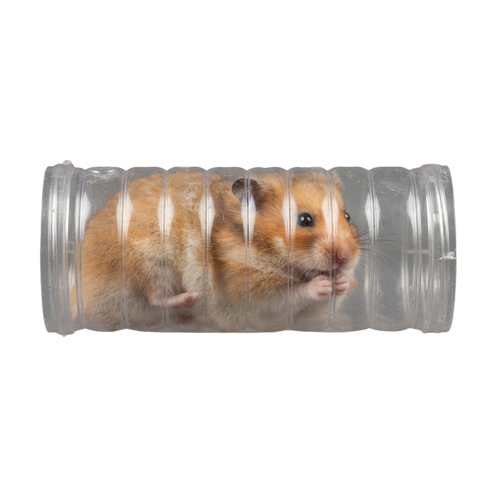 A small hamster inside a clear plastic tube, looking forward with paws on the tube walls
