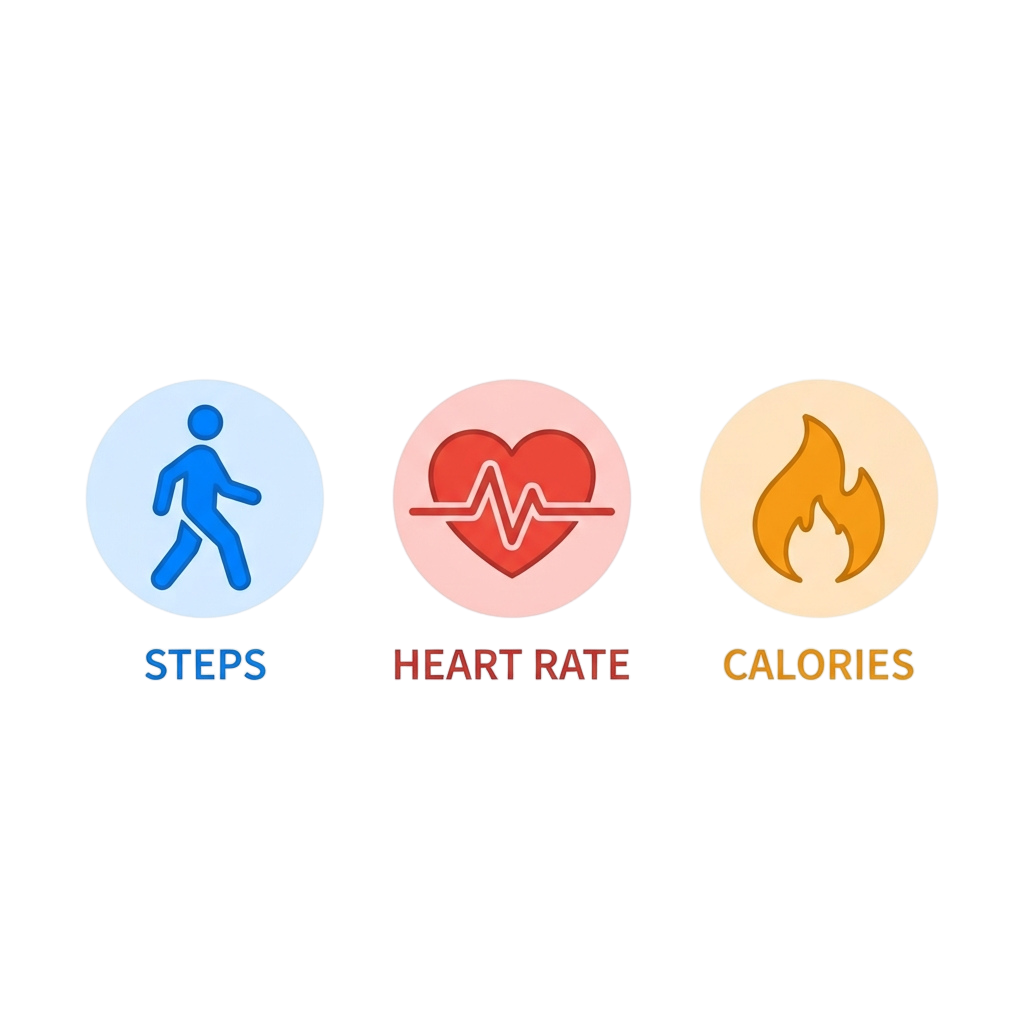 Three circular icons representing steps with a person running, heart rate with a heartbeat, and calories with a flame.