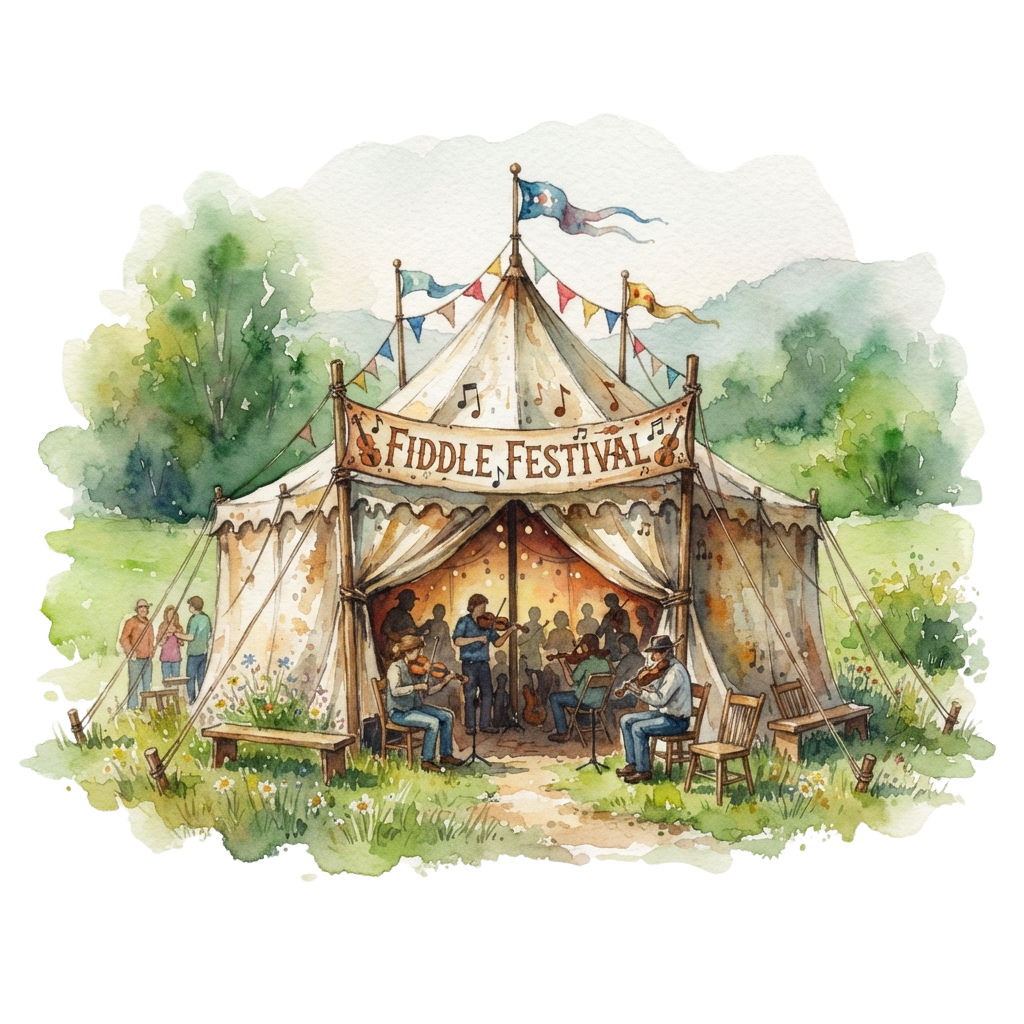 Illustration of a lively outdoor fiddle festival with musicians playing inside a tent and people sitting on benches outside