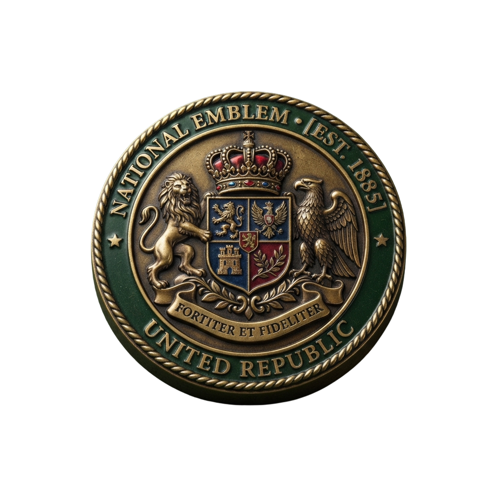 Gold and green national emblem featuring a lion, eagle, shield with coat of arms, crown, and Latin motto Fortiter Et Fideliter.