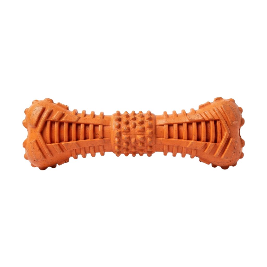 An orange rubber dog toy with ridged and bumpy textures for chewing.