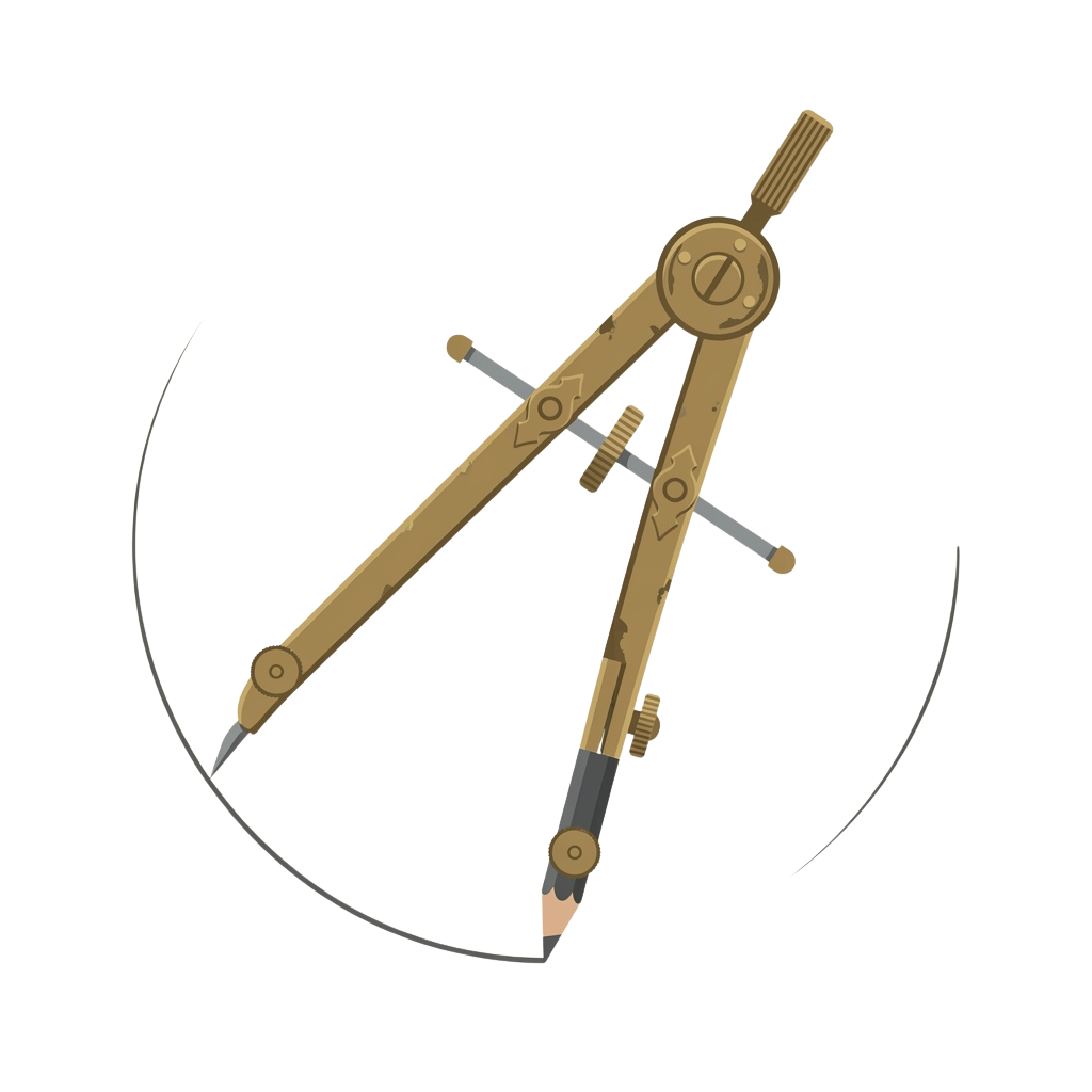 A wooden drafting compass with two attached pencils drawing arcs on a black background